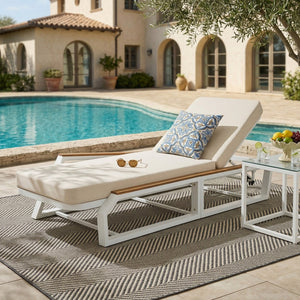 English Elm Adjustable Outdoor Chaise Lounge Iron Frame Acacia Wood Armrests Poolside Recliner N770P409251W_N770P422978C
