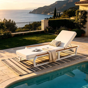 English Elm Adjustable Outdoor Chaise Lounge Iron Frame Acacia Wood Armrests Poolside Recliner N770P409251W_N770P422978C