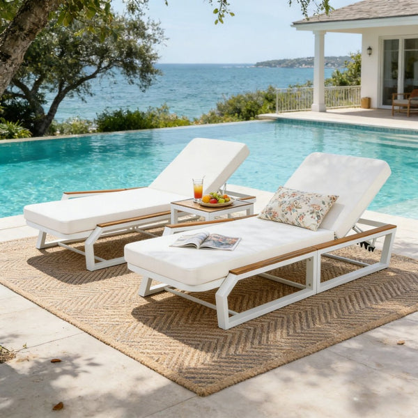 English Elm Adjustable Outdoor Chaise Lounge Iron Frame Acacia Wood Armrests Poolside Recliner N770P409251W_N770P422978C