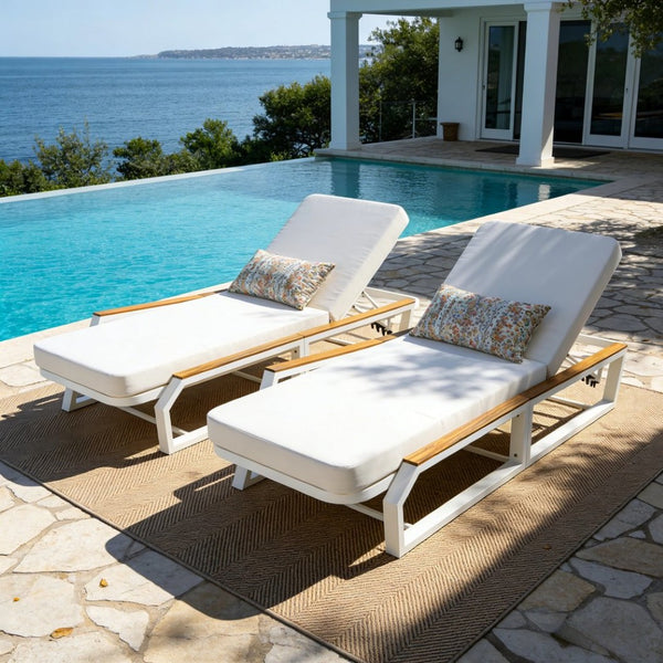 English Elm Adjustable Outdoor Chaise Lounge Iron Frame Acacia Wood Armrests Poolside Recliner N770P409251W_N770P422978C