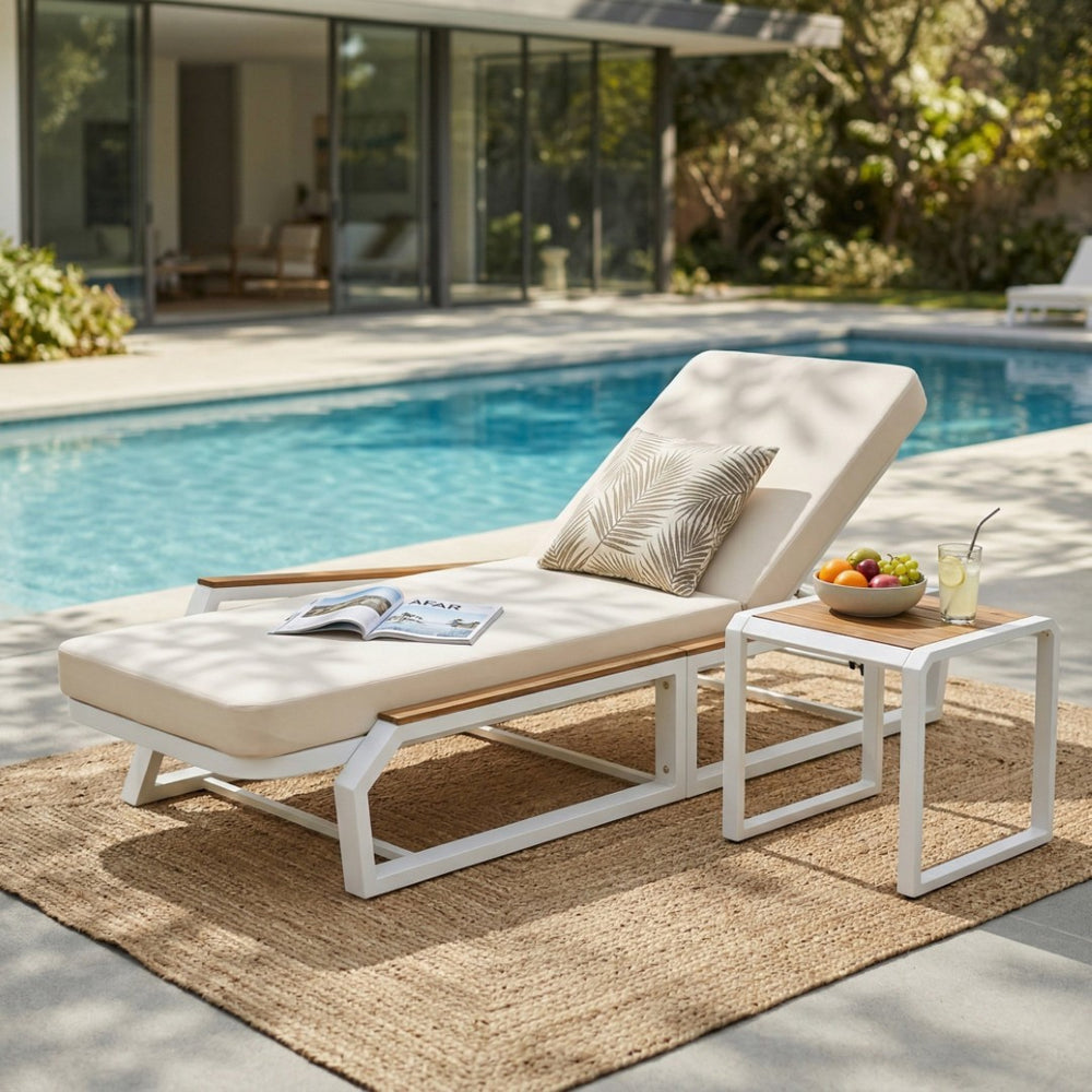 English Elm 3-Piece Outdoor Lounge Set Iron Frame Teak Acacia Accents Cream Cushion Patio Resort N770P409251W_N770P422978C_N770P409252W
