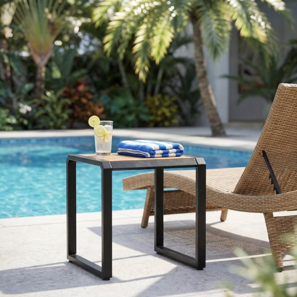 English Elm Outdoor Acacia Wood Side Table with White Iron Frame for Patio and Poolside Use Black/Teak N770P409252A