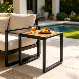 English Elm Outdoor Acacia Wood Side Table with White Iron Frame for Patio and Poolside Use Black/Teak N770P409252A