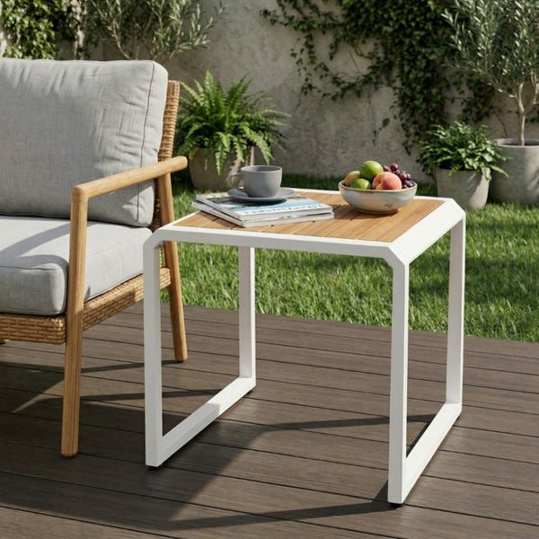 English Elm Outdoor Acacia Wood Side Table with White Iron Frame for Patio and Poolside Use Teak/White N770P409252W