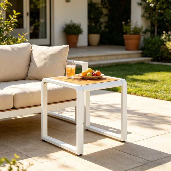 English Elm Outdoor Acacia Wood Side Table with White Iron Frame for Patio and Poolside Use Teak/White N770P409252W