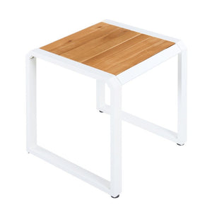 English Elm Outdoor Acacia Wood Side Table with White Iron Frame for Patio and Poolside Use Teak/White N770P409252W