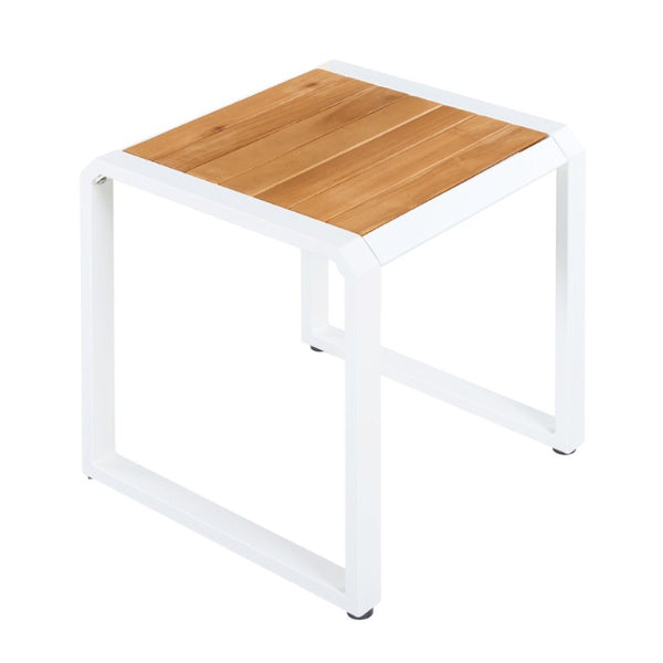 English Elm Outdoor Acacia Wood Side Table with White Iron Frame for Patio and Poolside Use Teak/White N770P409252W
