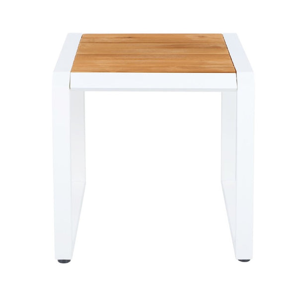 English Elm Outdoor Acacia Wood Side Table with White Iron Frame for Patio and Poolside Use Teak/White N770P409252W