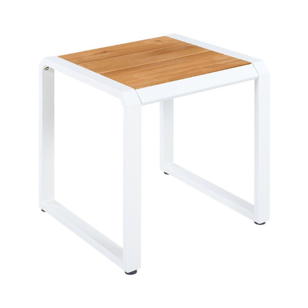 English Elm Outdoor Acacia Wood Side Table with White Iron Frame for Patio and Poolside Use Teak/White N770P409252W