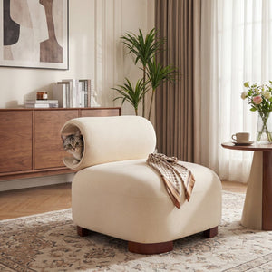 English Elm Modern Low Profile Polyester Accent Chair with Curved Back and Solid Wood Base Beige N770P422553B