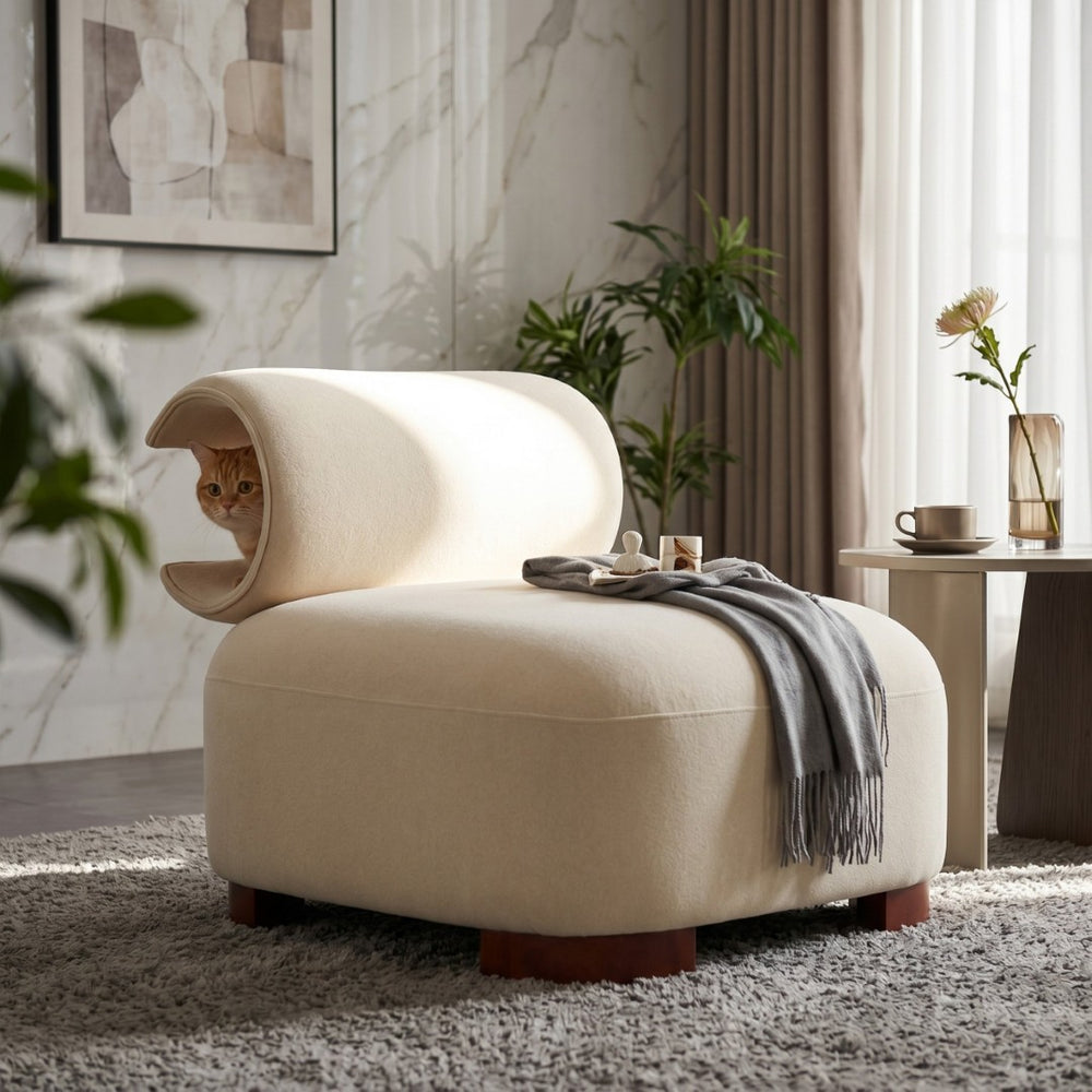 English Elm Modern Low Profile Polyester Accent Chair with Curved Back and Solid Wood Base Beige N770P422553B