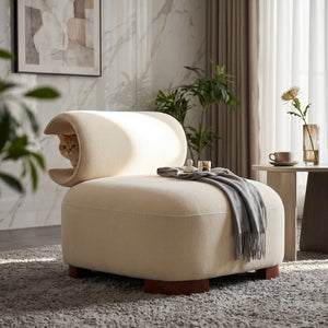 English Elm Modern Low Profile Polyester Accent Chair with Curved Back and Solid Wood Base Beige N770P422553B