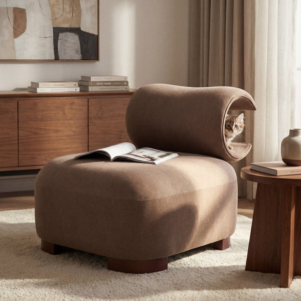 English Elm Modern Low Profile Polyester Accent Chair with Curved Back and Solid Wood Base Brown N770P422553R