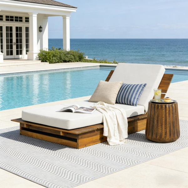 English Elm Acacia Wood Outdoor Chaise Lounge Teak Finish Recliner with Thick Cushion Patio N770P422568T_N770P208317C