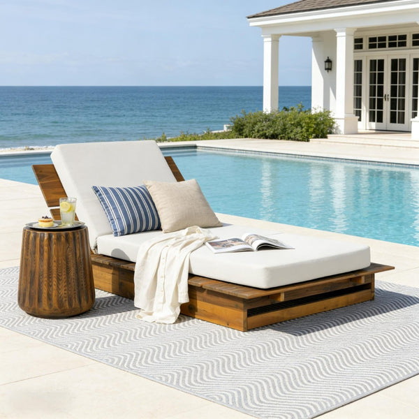 English Elm Acacia Wood Outdoor Chaise Lounge Teak Finish Recliner with Thick Cushion Patio N770P422568T_N770P208317C