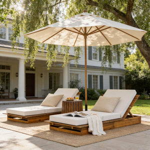 English Elm Acacia Wood Outdoor Chaise Lounge Teak Finish Recliner with Thick Cushion Patio N770P422568T_N770P208317C