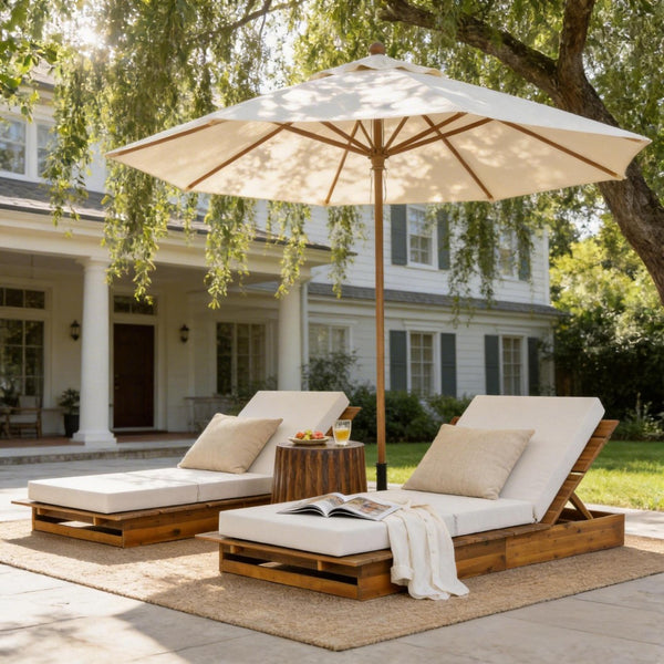 English Elm Acacia Wood Outdoor Chaise Lounge Teak Finish Recliner with Thick Cushion Patio N770P422568T_N770P208317C