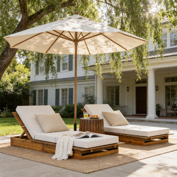 English Elm Acacia Wood Outdoor Chaise Lounge Teak Finish Recliner with Thick Cushion Patio N770P422568T_N770P208317C