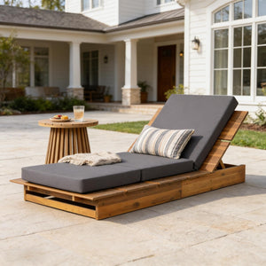English Elm Acacia Wood Outdoor Chaise Lounge Teak Finish Patio Recliner with Thick Foam Cushion N770P422568T_N770P208326G