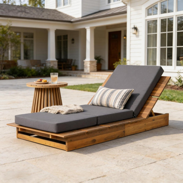 English Elm Acacia Wood Outdoor Chaise Lounge Teak Finish Patio Recliner with Thick Foam Cushion N770P422568T_N770P208326G