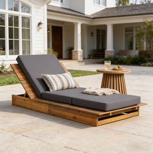 English Elm Acacia Wood Outdoor Chaise Lounge Teak Finish Patio Recliner with Thick Foam Cushion N770P422568T_N770P208326G