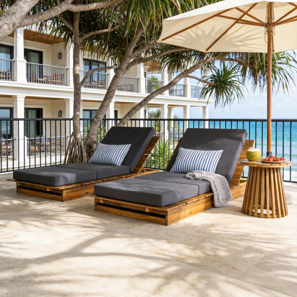 English Elm Acacia Wood Outdoor Chaise Lounge Teak Finish Patio Recliner with Thick Foam Cushion N770P422568T_N770P208326G