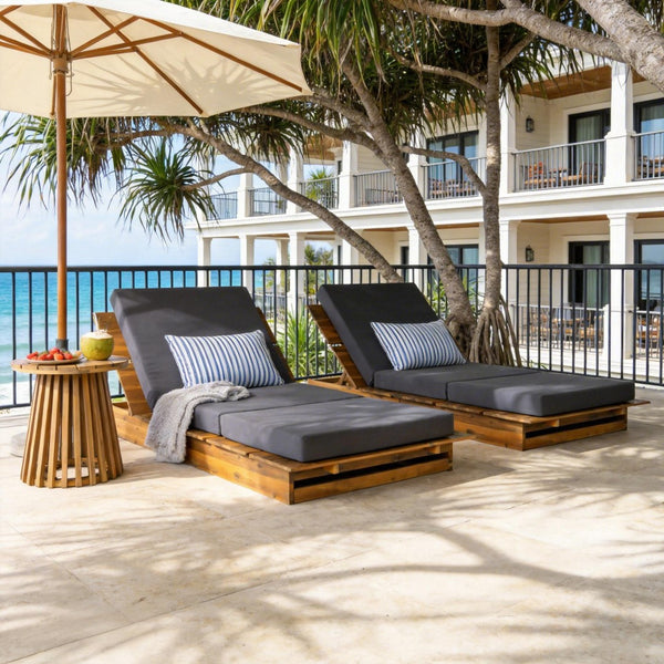 English Elm Acacia Wood Outdoor Chaise Lounge Teak Finish Patio Recliner with Thick Foam Cushion N770P422568T_N770P208326G