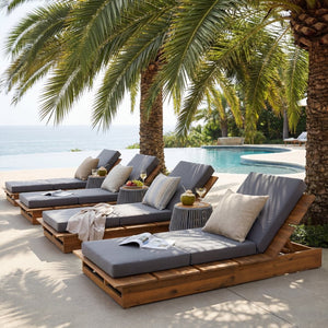 English Elm Acacia Wood Outdoor Chaise Lounge Teak Finish Patio Recliner with Thick Foam Cushion N770P422568T_N770P208326G