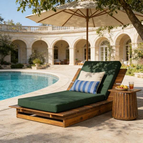 English Elm Acacia Solid Wood Patio Chaise Lounge Wide Frame 3 Position Outdoor Recliner Green, Teak Acacia Wood, Fabric, Foam N770P422568T_N770P443469G