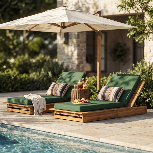 English Elm Acacia Solid Wood Patio Chaise Lounge Wide Frame 3 Position Outdoor Recliner Green, Teak Acacia Wood, Fabric, Foam N770P422568T_N770P443469G