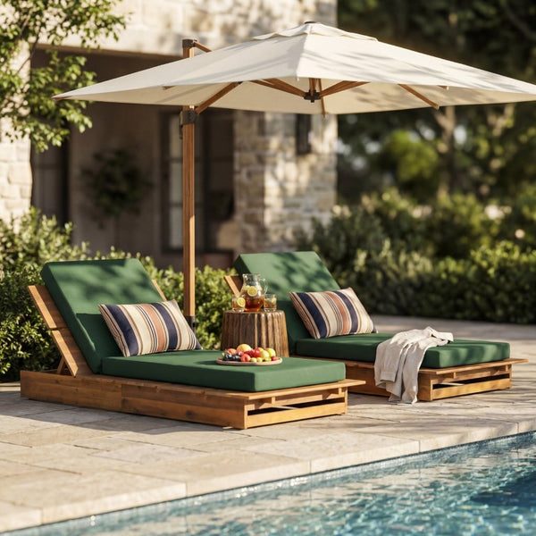 English Elm Acacia Solid Wood Patio Chaise Lounge Wide Frame 3 Position Outdoor Recliner Green, Teak Acacia Wood, Fabric, Foam N770P422568T_N770P443469G