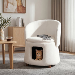 English Elm Beige Convertible Accent Chair with Pet Nook Acacia Legs and Hidden Storage Seat N770P428733B