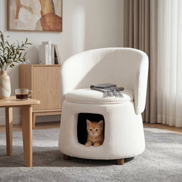 English Elm Beige Convertible Accent Chair with Pet Nook Acacia Legs and Hidden Storage Seat N770P428733B