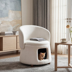 English Elm Beige Convertible Accent Chair with Pet Nook Acacia Legs and Hidden Storage Seat N770P428733B