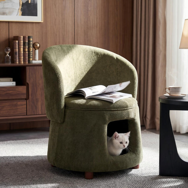 English Elm Green Sage Accent Chair with Pet Nook Convertible Stool Acacia Legs Storage Seat N770P428733G