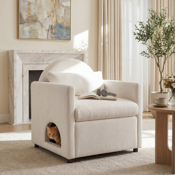 English Elm Beige Upholstered Armchair with Pet Nook Acacia Wood Legs Modern Living Room Accent N770P428751B