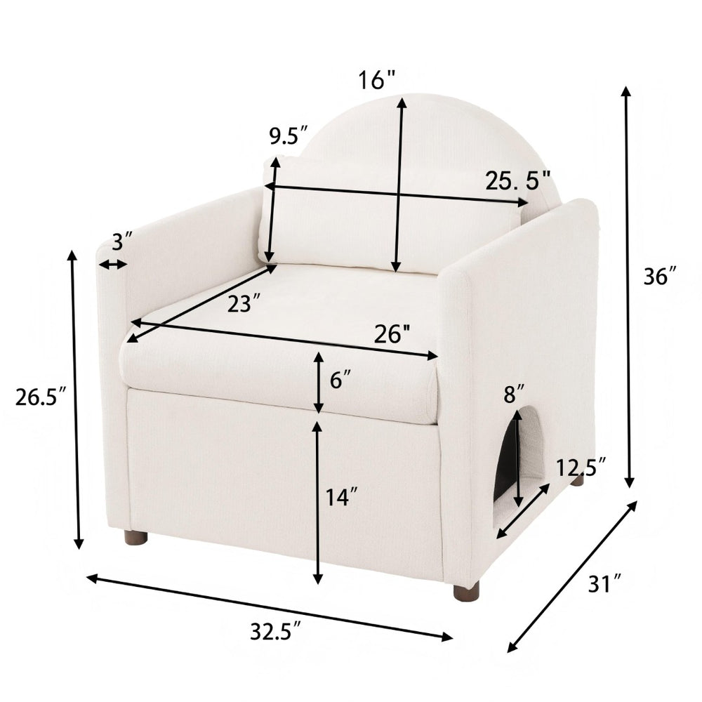 English Elm Beige Upholstered Armchair with Pet Nook Acacia Wood Legs Modern Living Room Accent N770P428751B
