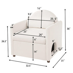 English Elm Beige Upholstered Armchair with Pet Nook Acacia Wood Legs Modern Living Room Accent N770P428751B