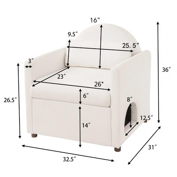 English Elm Beige Upholstered Armchair with Pet Nook Acacia Wood Legs Modern Living Room Accent N770P428751B
