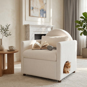 English Elm Beige Upholstered Armchair with Pet Nook Acacia Wood Legs Modern Living Room Accent N770P428751B