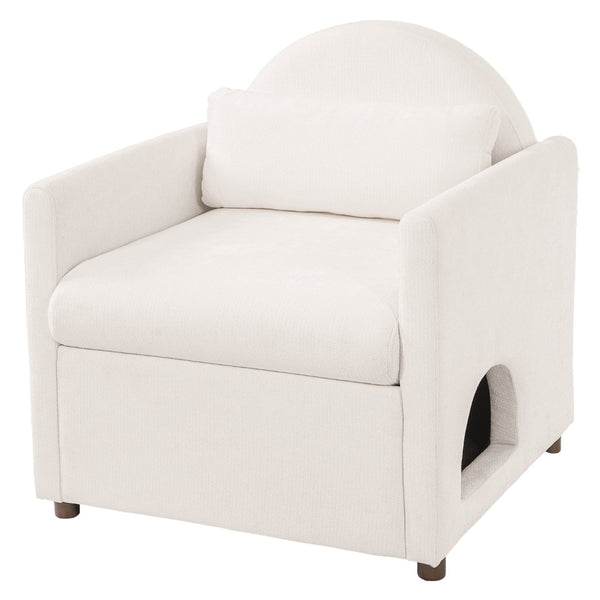 English Elm Beige Upholstered Armchair with Pet Nook Acacia Wood Legs Modern Living Room Accent N770P428751B