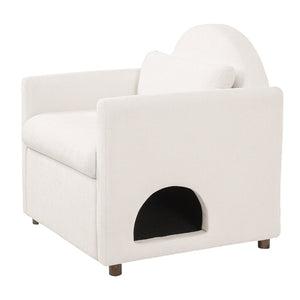 English Elm Beige Upholstered Armchair with Pet Nook Acacia Wood Legs Modern Living Room Accent N770P428751B
