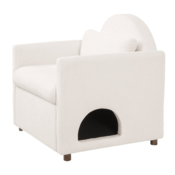 English Elm Beige Upholstered Armchair with Pet Nook Acacia Wood Legs Modern Living Room Accent N770P428751B