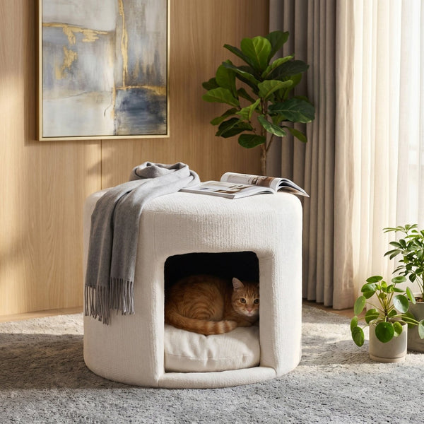 English Elm Beige Round Footrest Ottoman with Hidden Pet Nook Acacia Legs and Removable Cushion N770P428755B