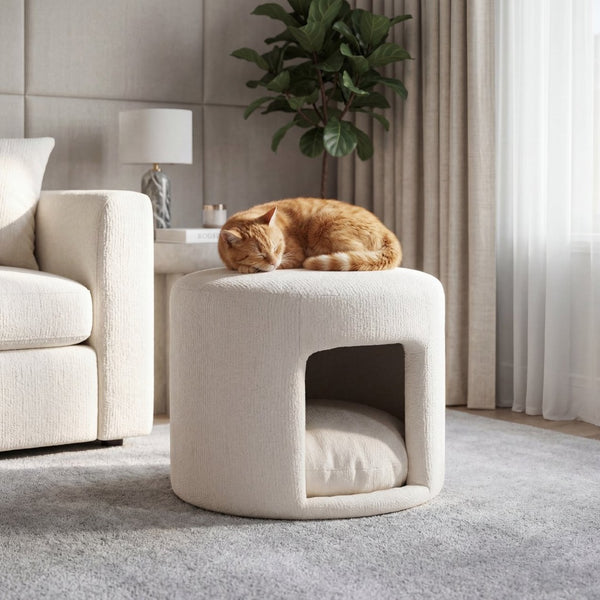 English Elm Beige Round Footrest Ottoman with Hidden Pet Nook Acacia Legs and Removable Cushion N770P428755B