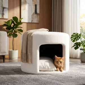 English Elm Beige Round Footrest Ottoman with Hidden Pet Nook Acacia Legs and Removable Cushion N770P428755B