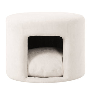English Elm Beige Round Footrest Ottoman with Hidden Pet Nook Acacia Legs and Removable Cushion N770P428755B