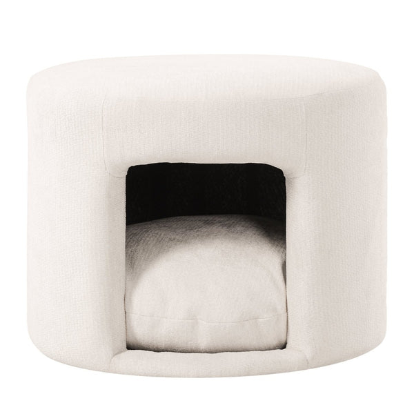 English Elm Beige Round Footrest Ottoman with Hidden Pet Nook Acacia Legs and Removable Cushion N770P428755B