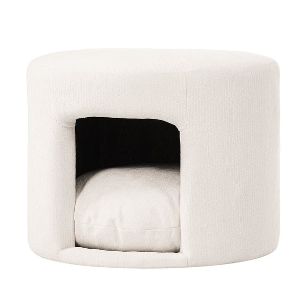 English Elm Beige Round Footrest Ottoman with Hidden Pet Nook Acacia Legs and Removable Cushion N770P428755B