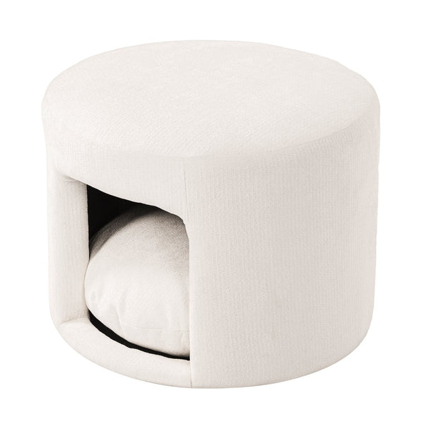 English Elm Beige Round Footrest Ottoman with Hidden Pet Nook Acacia Legs and Removable Cushion N770P428755B